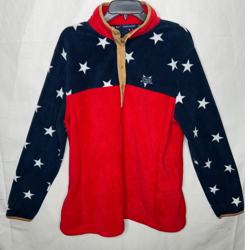 Simply Southern Mens XL Fleece Pullover Americana Stars Red White Blue Snap Neck